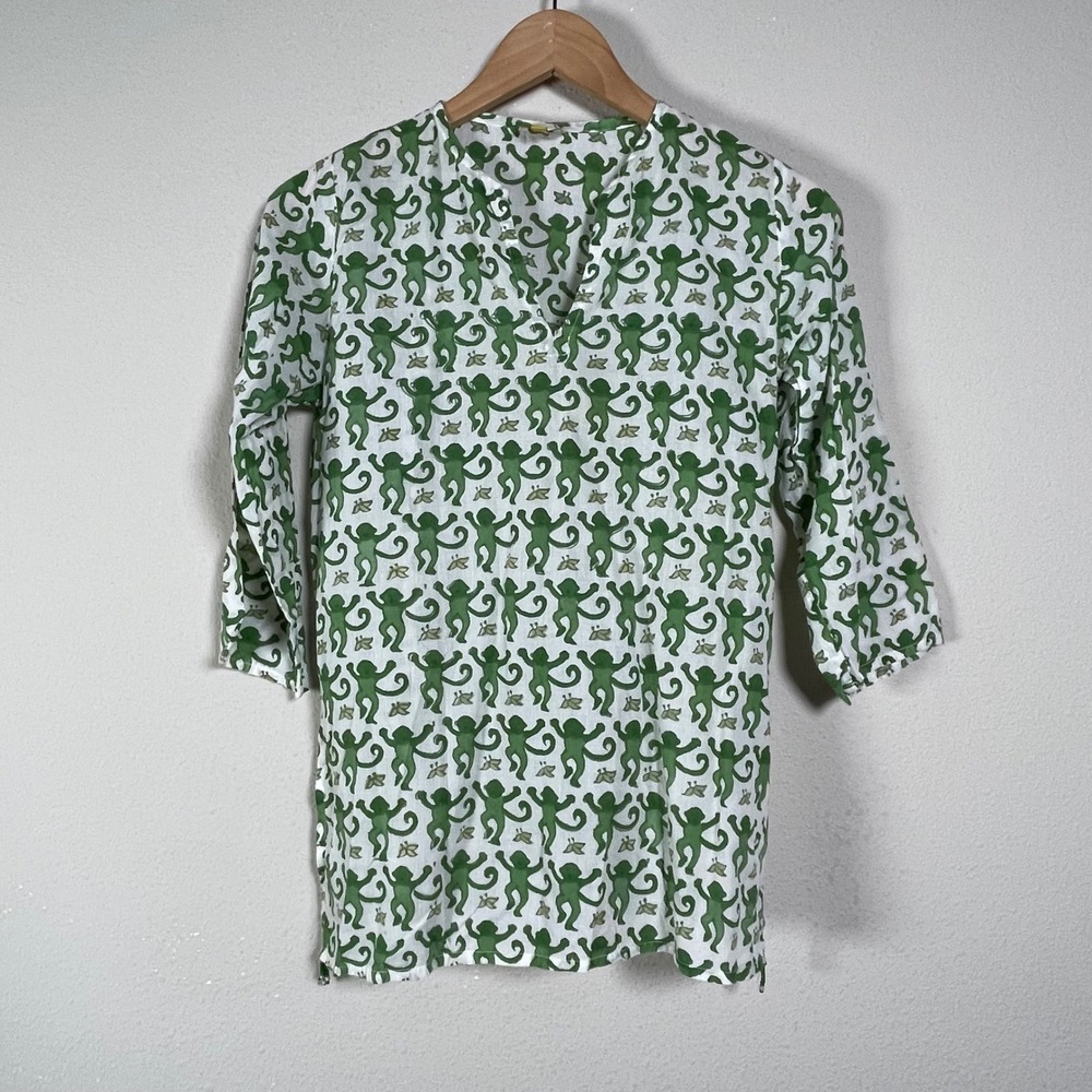 Roberta Roller Rabbit Monkey AOP Tunic Women 10 Green White Cotton Top Coastal